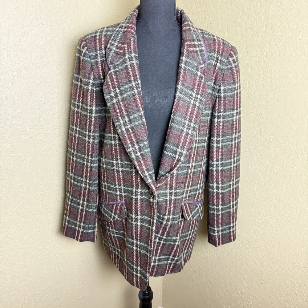 David N. Women's Plaid 100% Wool Blazer Jacket Size 8 Burgundy Green